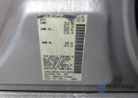 2014 Nissan Altima 2.5 Sv from USA, damaged, VIN 1N4AL3APXEC421888